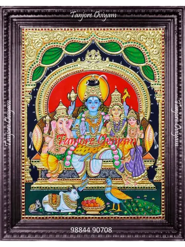 Authentic Lord Shiva Family Tanjore Painting with Shiva, Parvati, Ganesha, and Murugan